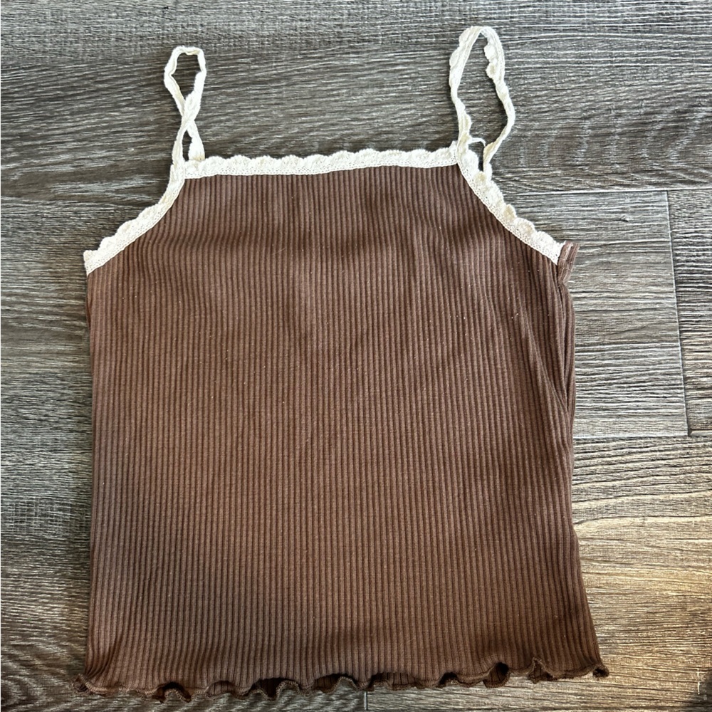 Brown Ribbed Lace-Trim Tank Top - Women